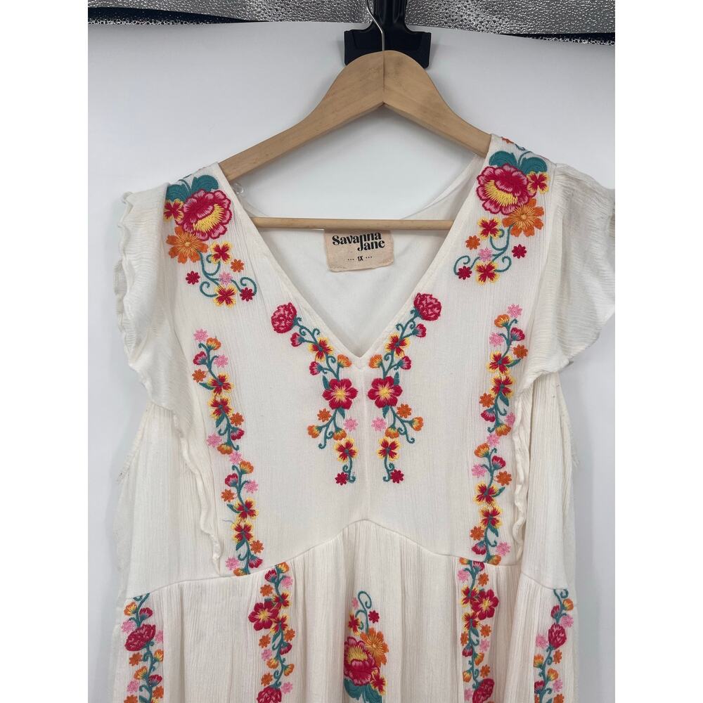 Savanah Jane 1X Mini Dress White & Embroidered Flowers Summer Vacation Party - Picture 2 of 5